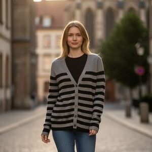 NWT Express Women's Striped Cardigan in Gray & Black With Sequence Elbows Size-S